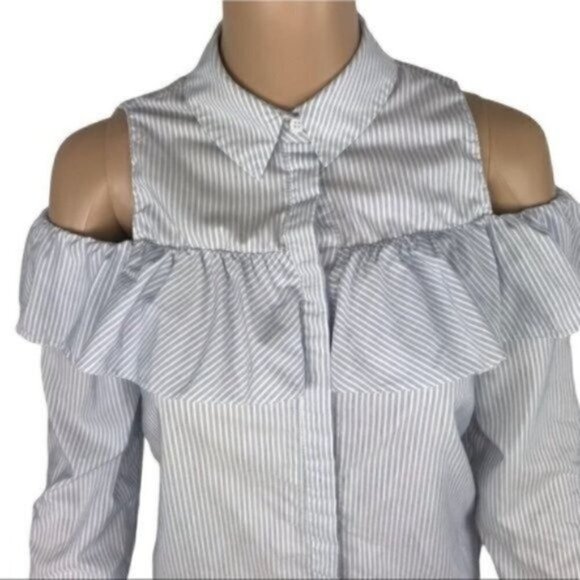Topshop Cold shoulder Ruffled striped button down collared shirt 4 - Picture 4 of 7